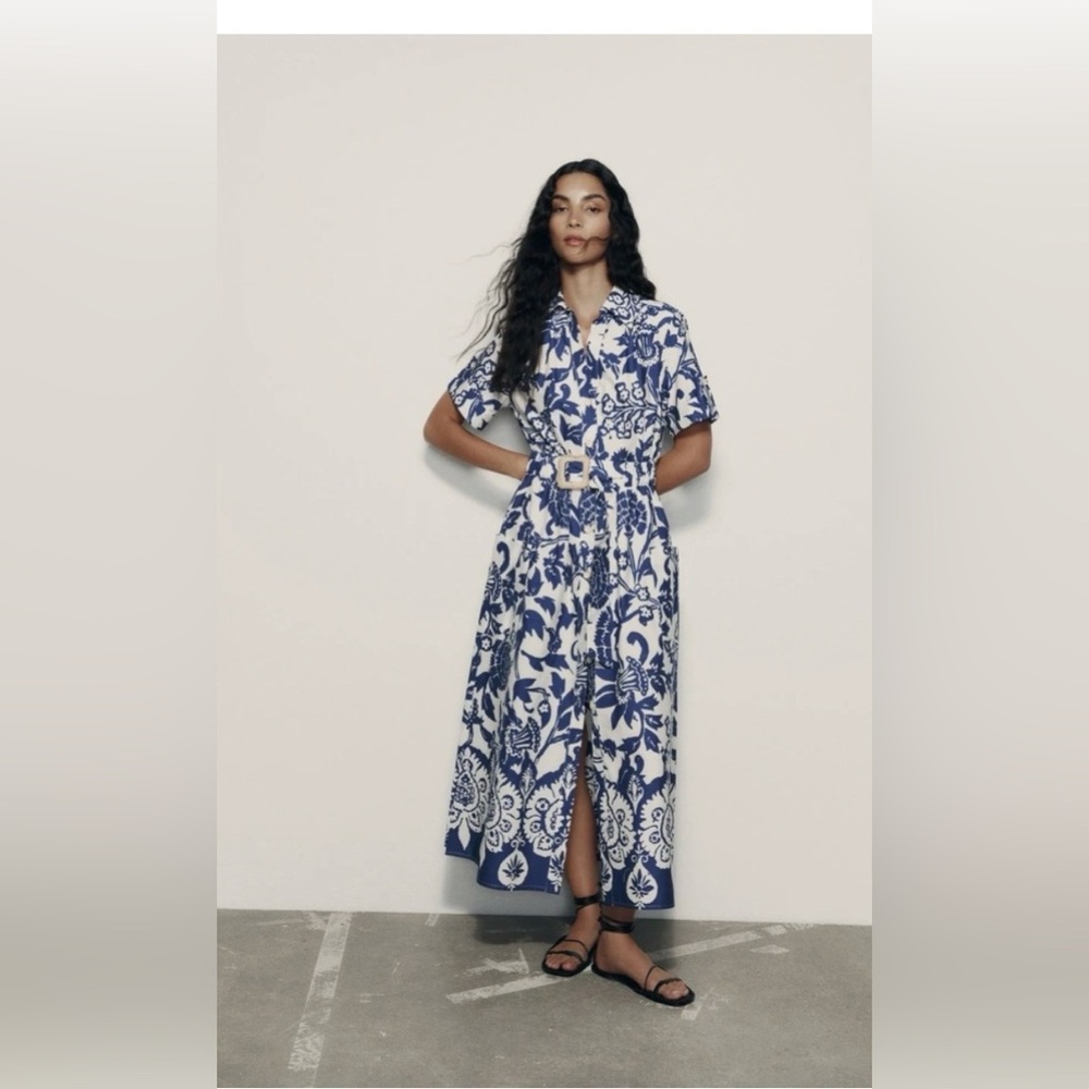 Zara Navy and White Patterned Midi Belted Dress size small. Like new!